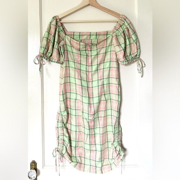 NWT Ragged Priest‎ Memory Cotton Mini Dress Green Pink Plaid XS - Picture 7 of 10